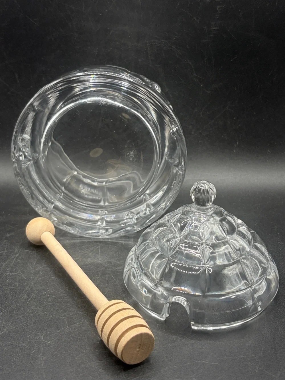 Crystal Beehive Honey Jar with Wooden Honey Dipper, Lidded Cottagecore Bee Jar